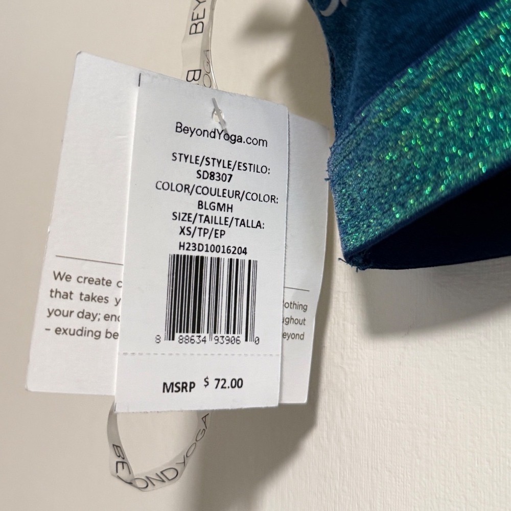 Beyond Yoga $72 NWT Womens Teal Blue Heather Metallic Green Sparkle Bra XS - Picture 3 of 6